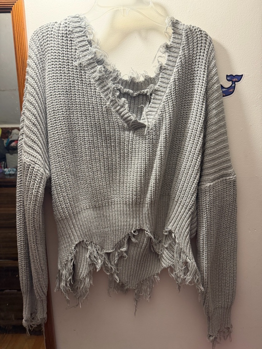 SHEIN Distressed V-Neck Chunky Knit Sweater - Light Gray